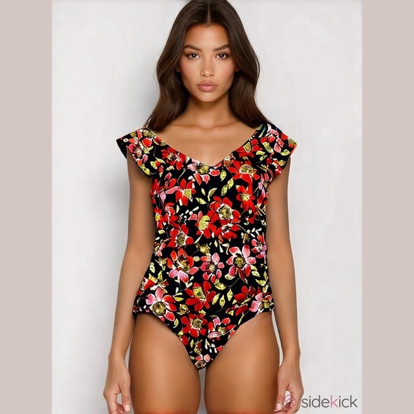 D&Co Other - D&Co Beach Floral One-Piece Swimsuit Size 2 Flutter Sleeve Ruched Bodice NWT